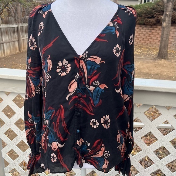 Joie Tops - Joie Black Floral Silk Button Up Blouse Top Women Small Elastic Cuff Frill Lined